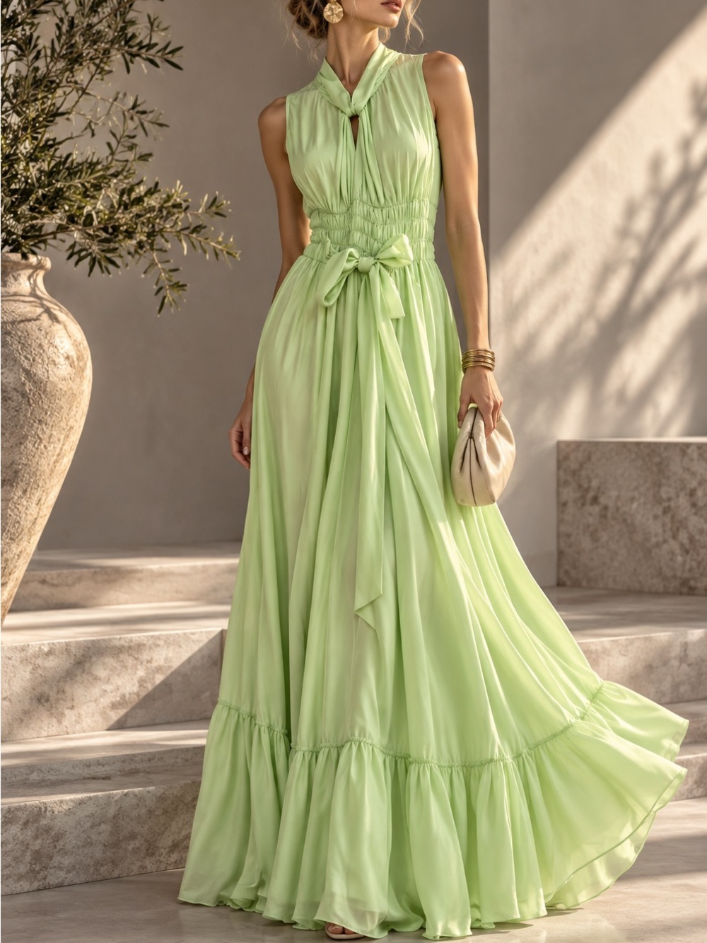 Sleeveless Smocked Waist Maxi Dress in Pale Green